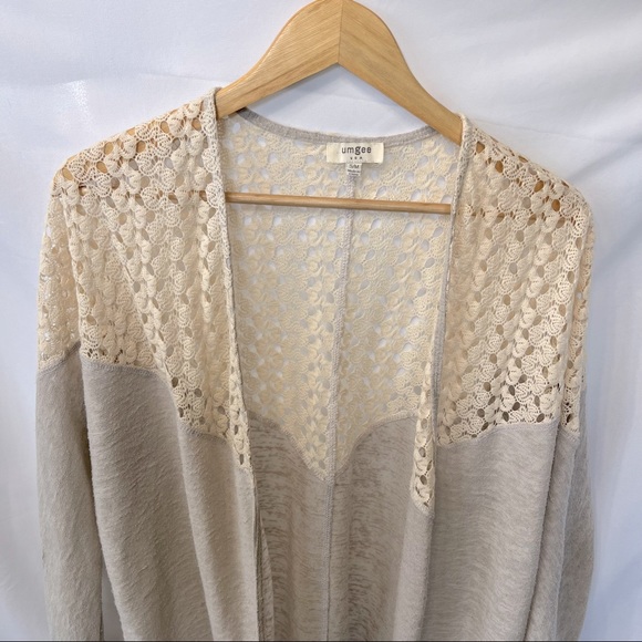 UMGEE Crochet Long Open Cardigan Lightweight Kimono Jacket Boho Gray Cream - Picture 2 of 4